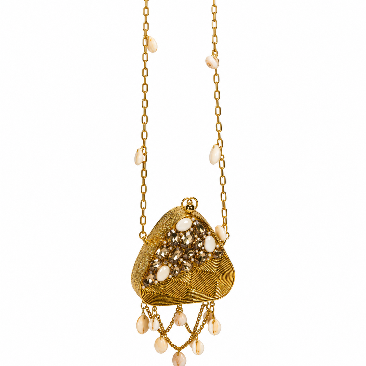 Golden Metal Sling Clutch Bag with Pearl Chain Details
