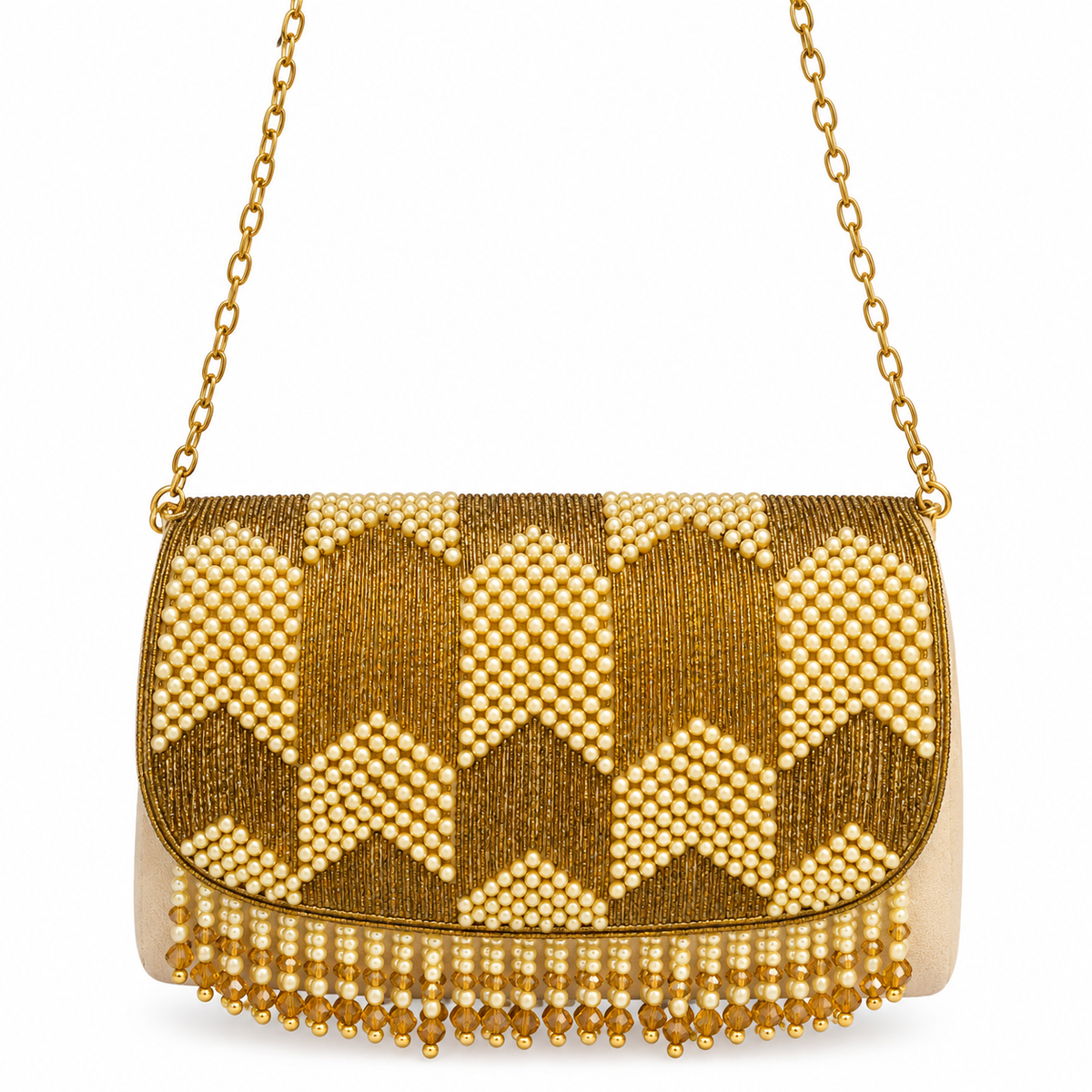 Gold Pearl Crystal Designer Clutch Bag Sling / hand bag for Party weare