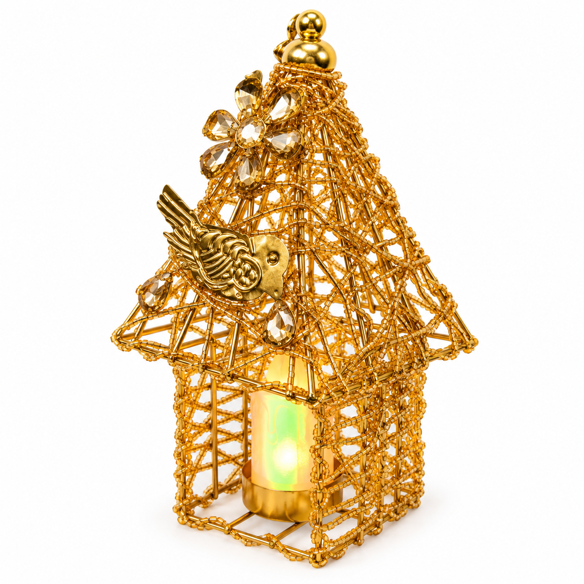 Golden Metal cut  dana work birdcage diwali tealight holder