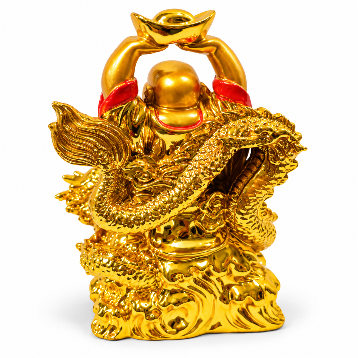 Premium gold finish laughing buddha with dragon figurine - luxury artistic home decor showpiece for living room, office, study and tabletop decoration