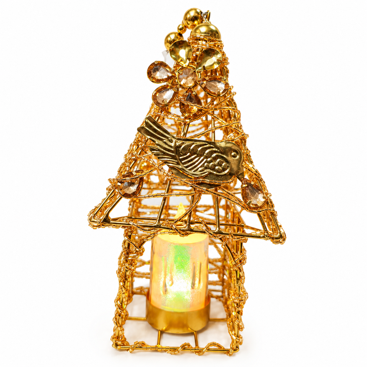 Golden Metal cut  dana work birdcage diwali tealight holder