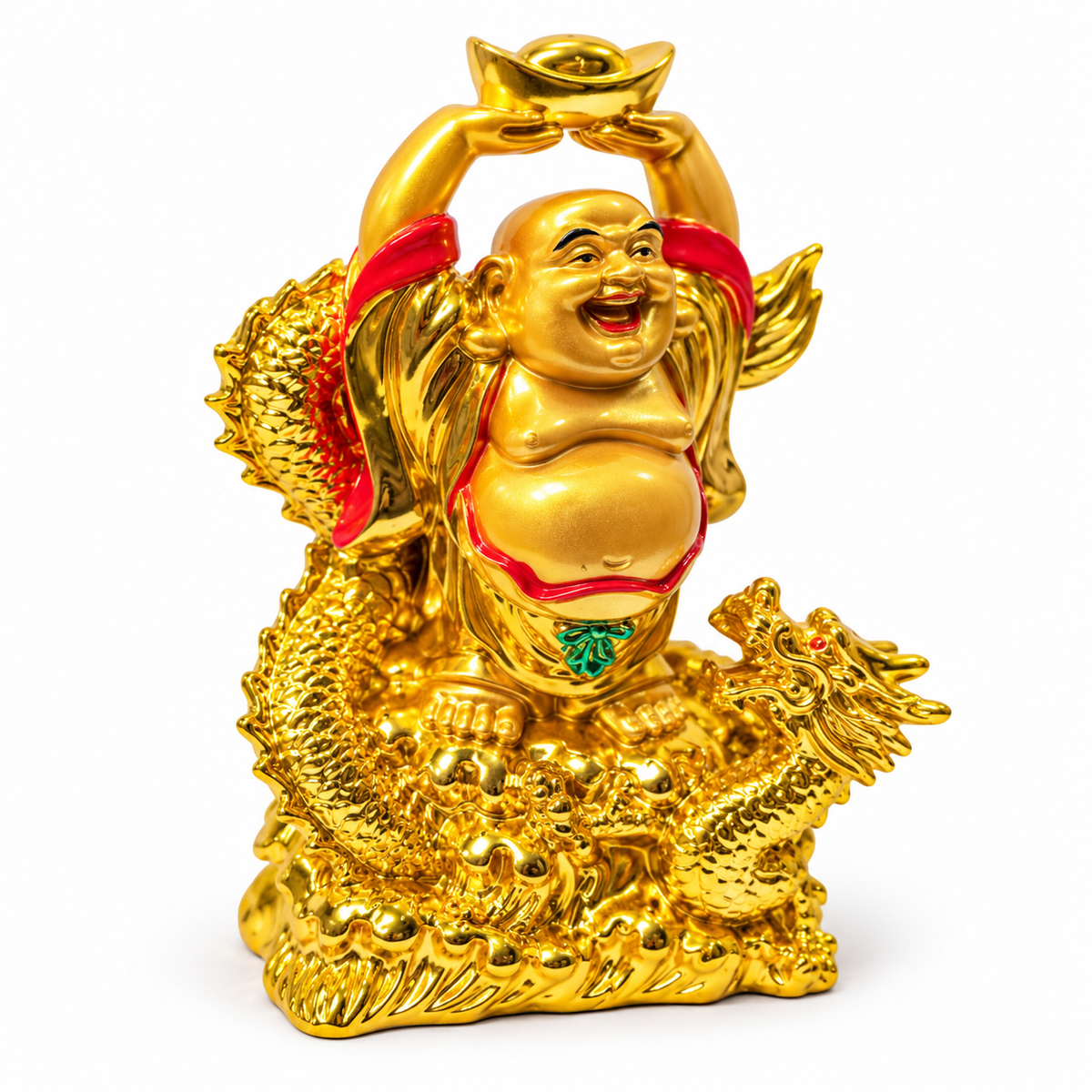 Premium gold finish laughing buddha with dragon figurine - luxury artistic home decor showpiece for living room, office, study and tabletop decoration