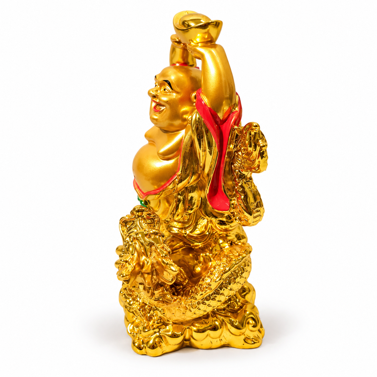 Premium gold finish laughing buddha with dragon figurine - luxury artistic home decor showpiece for living room, office, study and tabletop decoration