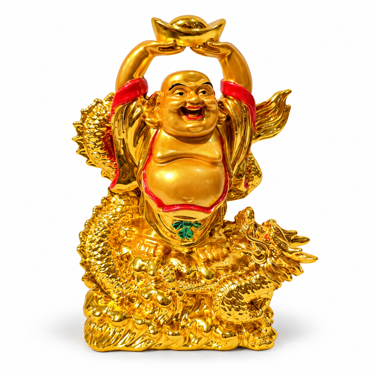 Premium gold finish laughing buddha with dragon figurine - luxury artistic home decor showpiece for living room, office, study and tabletop decoration