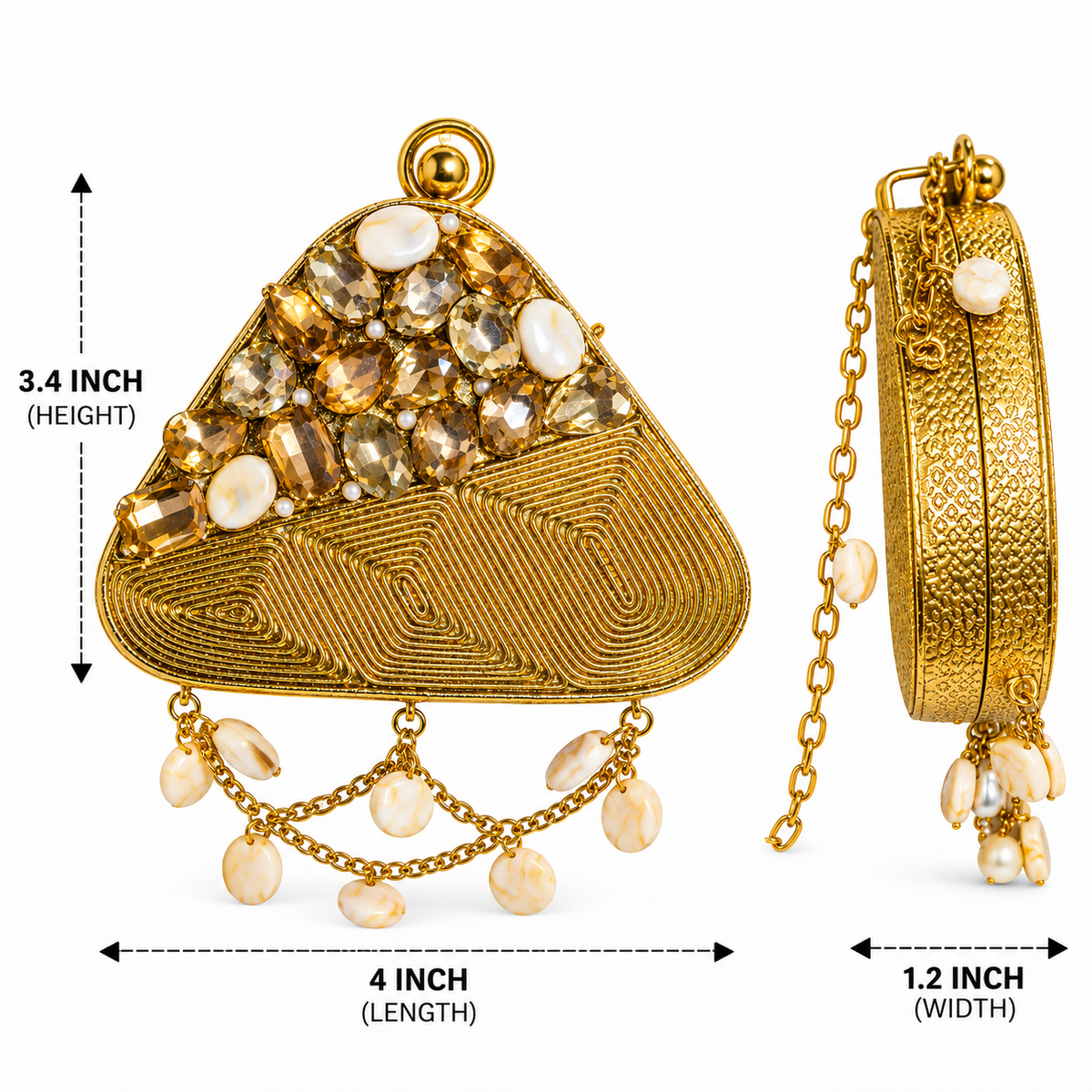 Golden Metal Sling Clutch Bag with Pearl Chain Details
