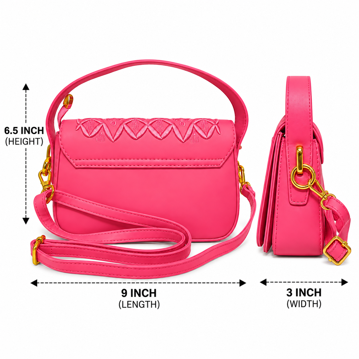 Hot Pink Embroidered Sling & Hand Bag for Women with Detachable Strap