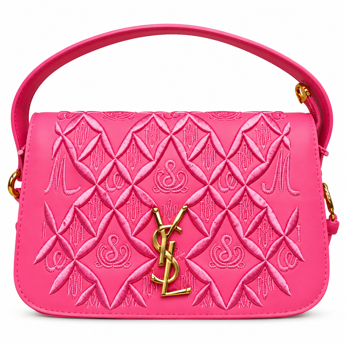 Hot Pink Embroidered Sling & Hand Bag for Women with Detachable Strap