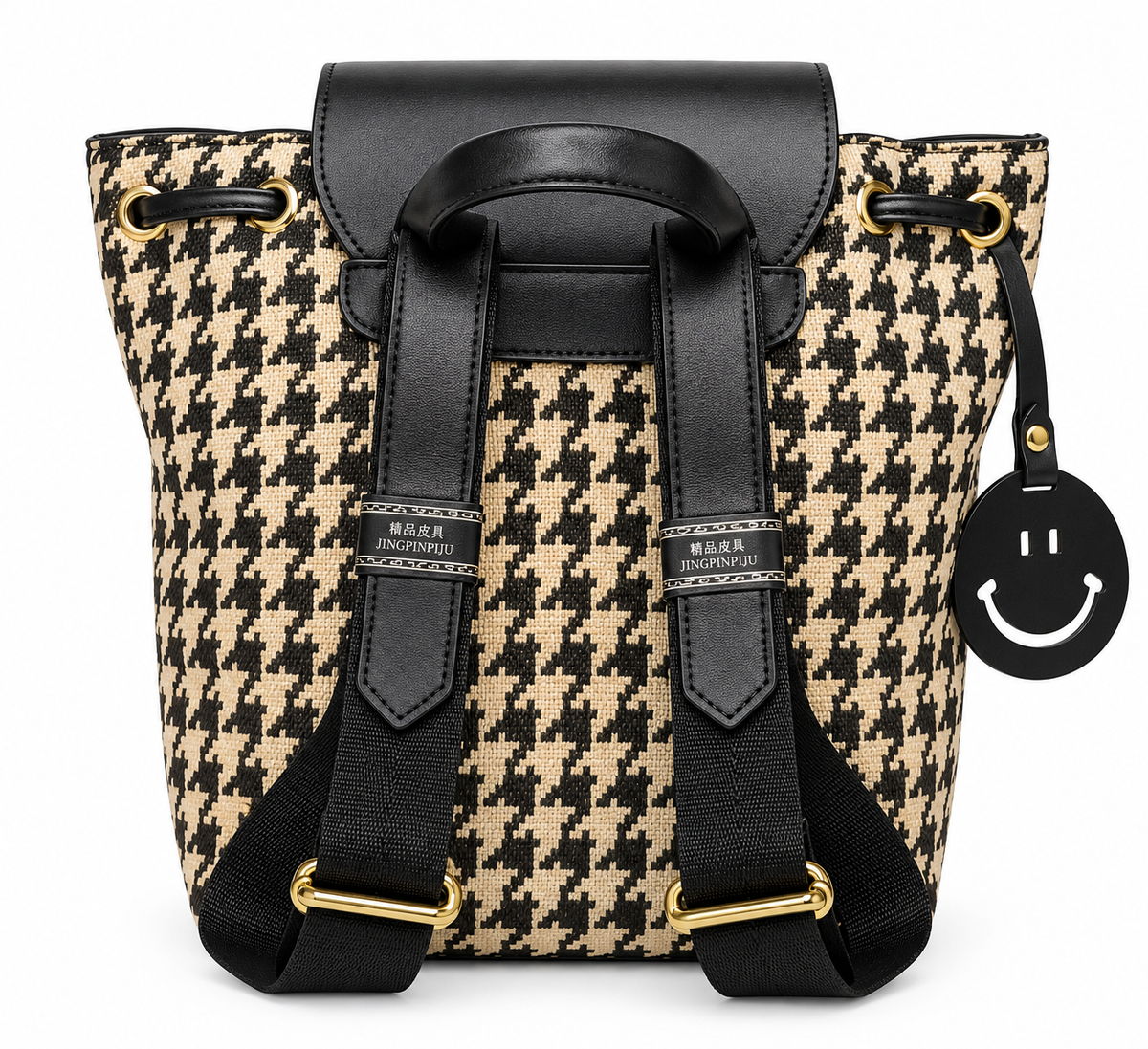 Classic Houndstooth Backpack with Leather Trim & Drawstring Closure