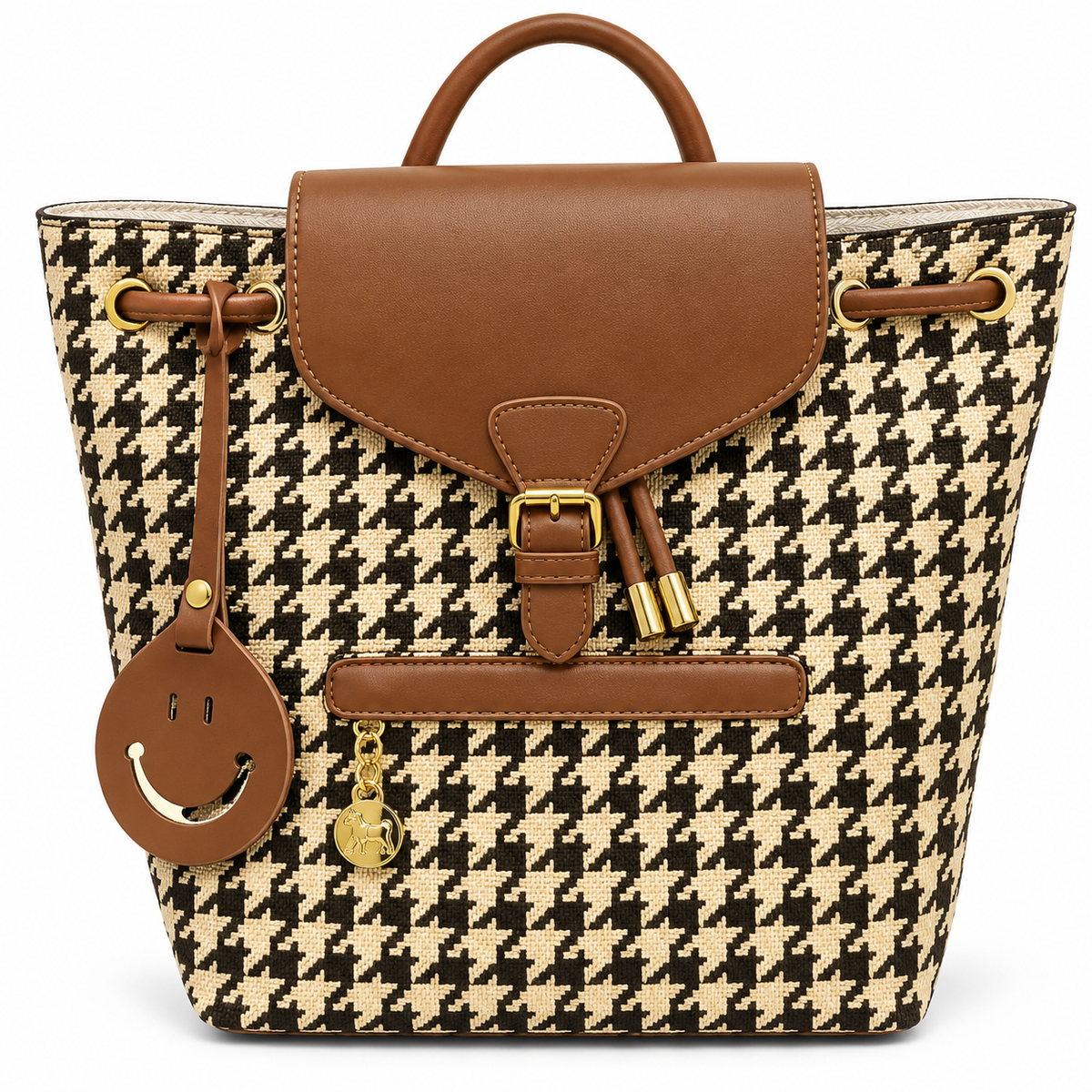 Classic Houndstooth Backpack with Leather Trim & Drawstring Closure