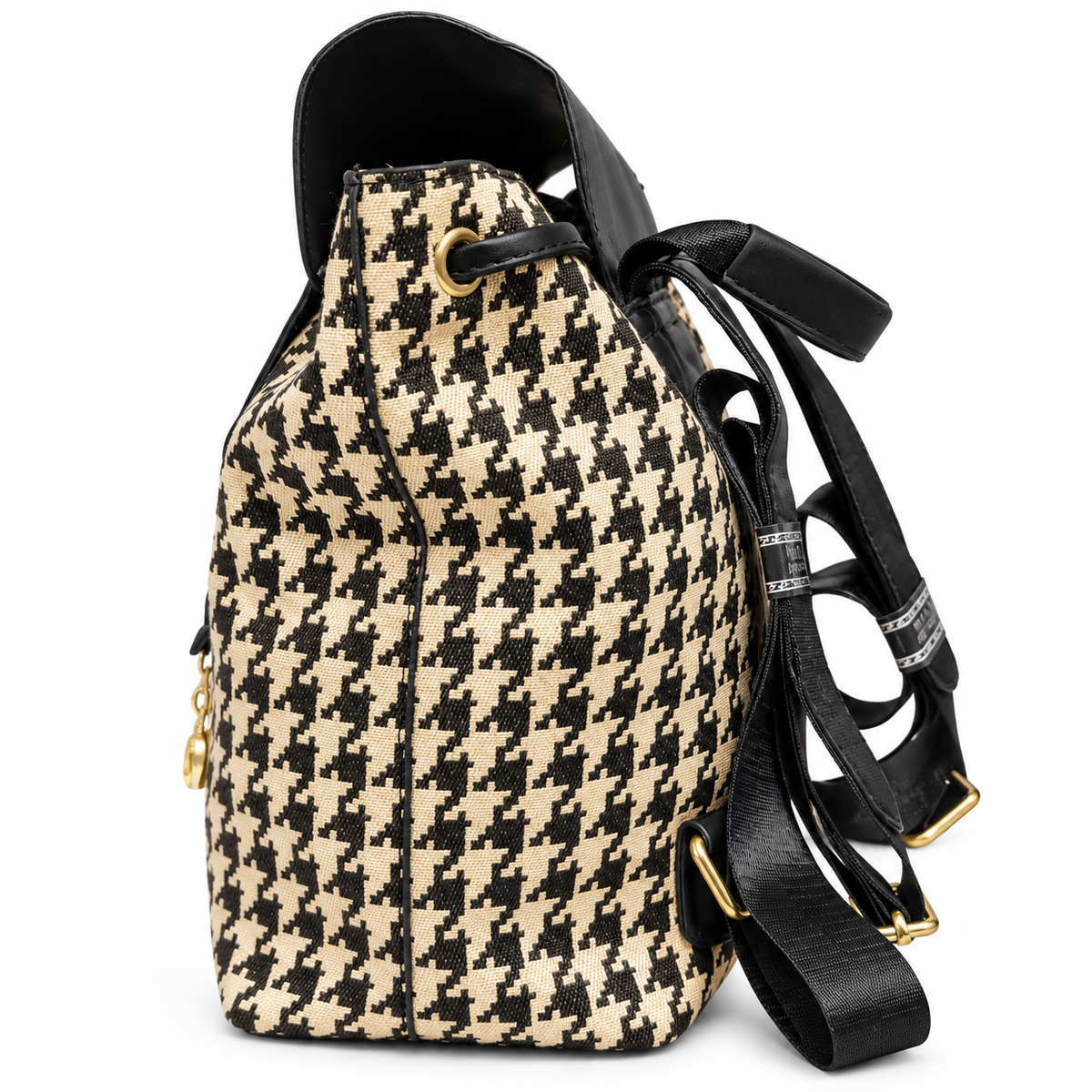 Classic Houndstooth Backpack with Leather Trim & Drawstring Closure