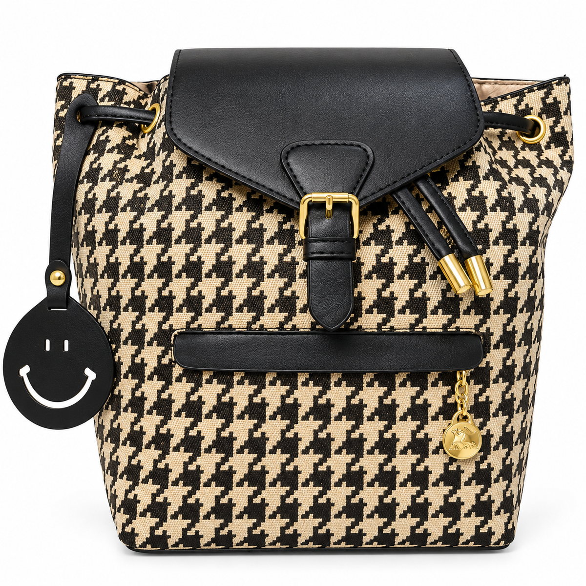 Classic Houndstooth Backpack with Leather Trim & Drawstring Closure