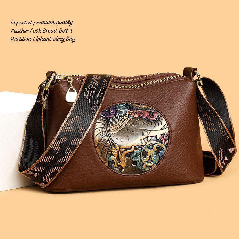 Premium Leather Look 3 Partition Elephant Print Sling & Shoulder Bag for Women