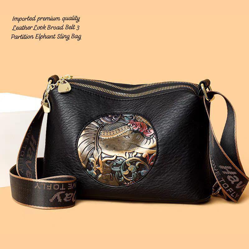 Premium Leather Look 3 Partition Elephant Print Sling & Shoulder Bag for Women