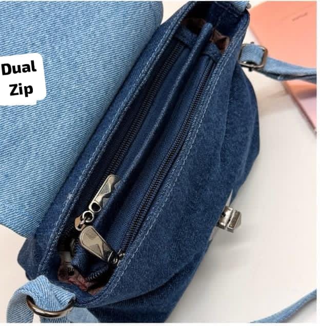 Denim Floral Crossbody Sling Bag For Women | Dual Zip Casual Handbag