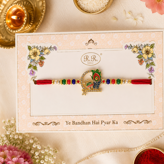 Premium Heavy metal pendant Krishna Morpankh Rakhi for Brother – Divine Designer Rakhi