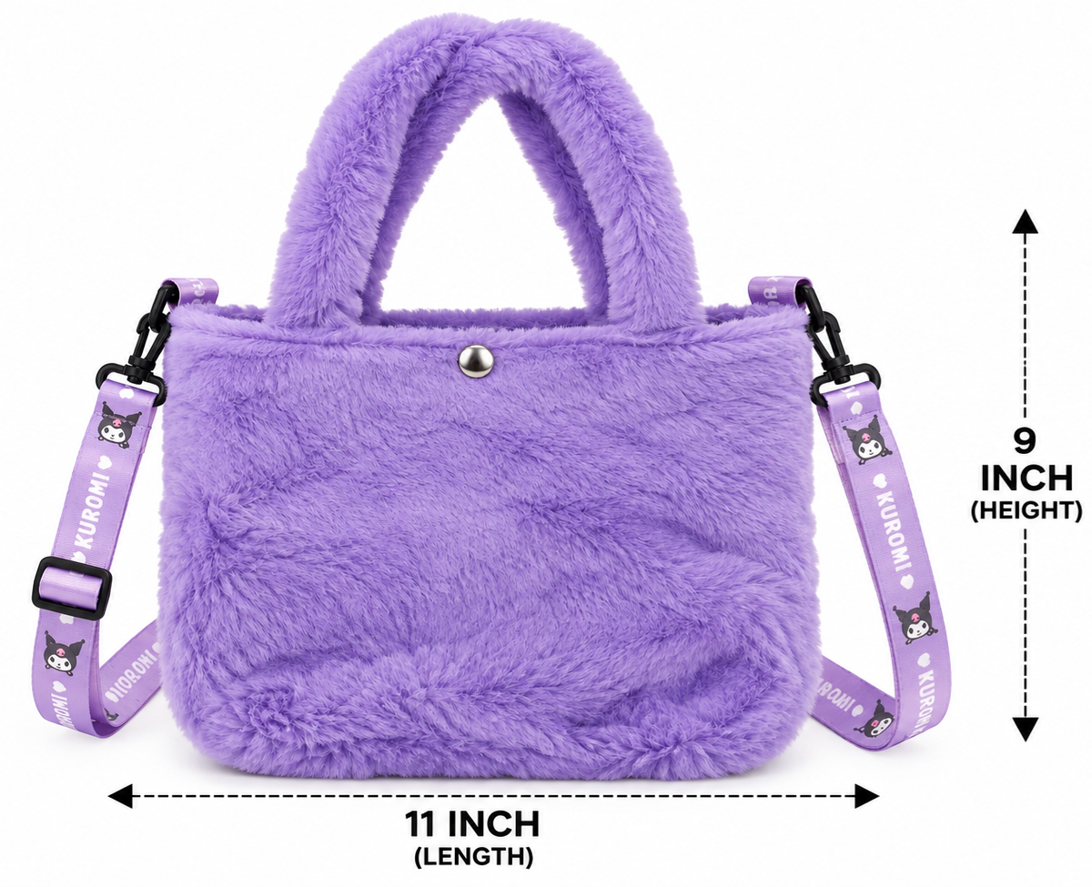 Kuromi Plush Fur Tote Sling Bag for Girls | Cute Soft Furry Shoulder Bag | Adjustable Strap | Casual & Travel Bag