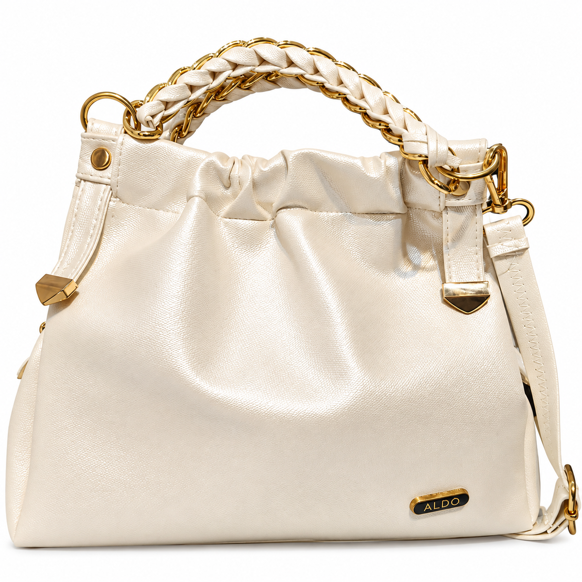 Elegant Ivory Ruched Sling / Shoulder Handbag with Gold Chain Handle
