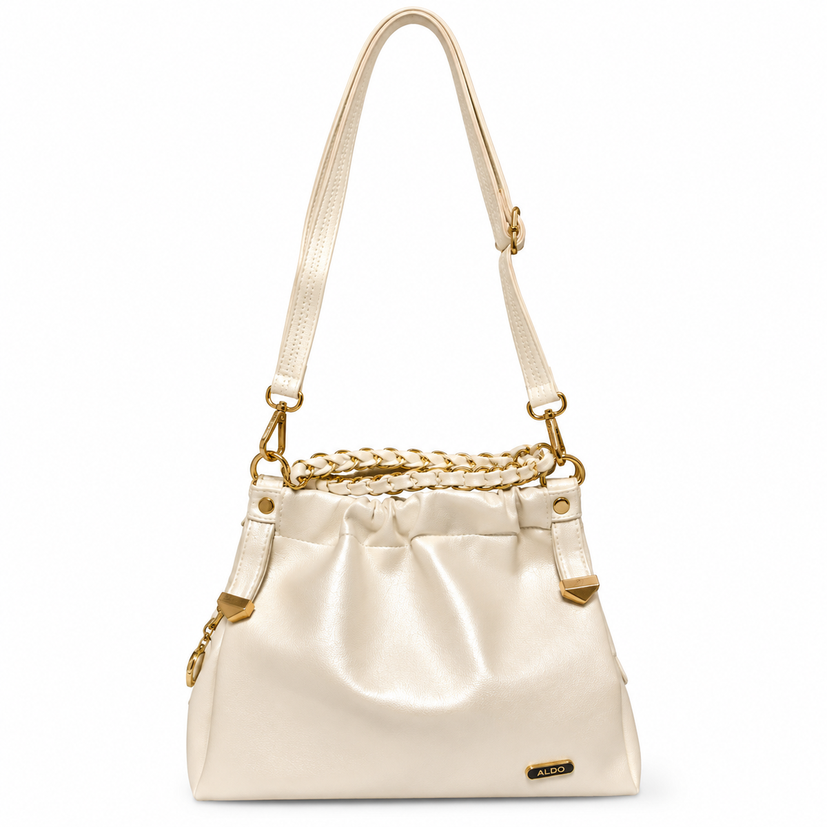 Elegant Ivory Ruched Sling / Shoulder Handbag with Gold Chain Handle