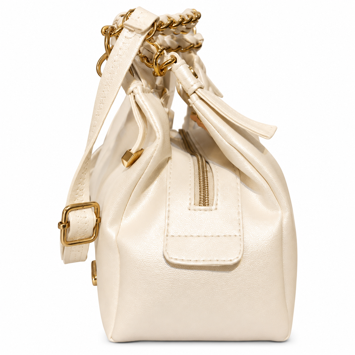 Elegant Ivory Ruched Sling / Shoulder Handbag with Gold Chain Handle