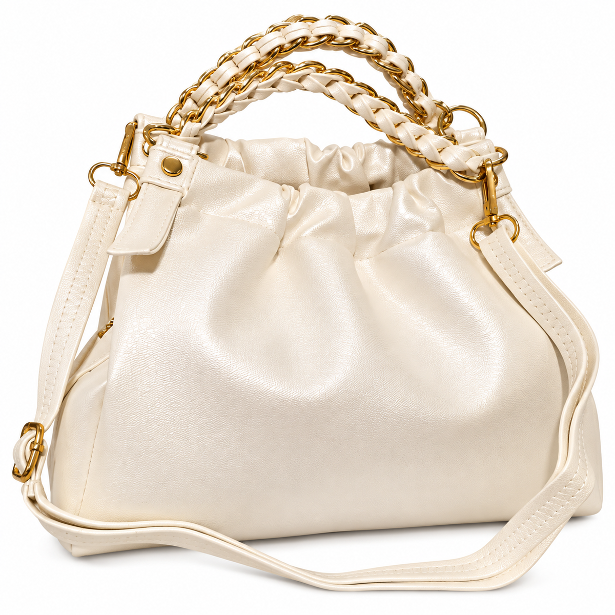 Elegant Ivory Ruched Sling / Shoulder Handbag with Gold Chain Handle