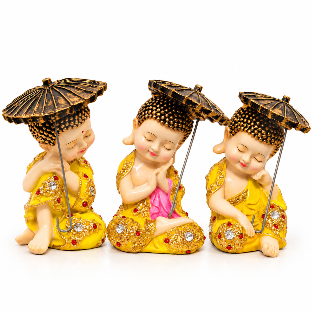 Set of 3 decorative monk showpieces with parasols -premium decorative showpiece for modern home interiors, office desks and stylish spaces