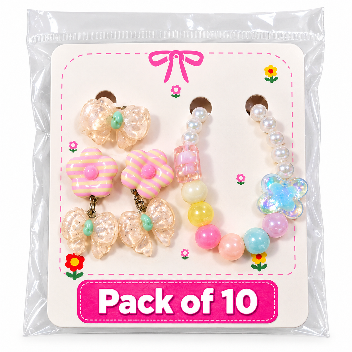Cute pastel hair clips, bow earrings & beaded accessories – pack of 10