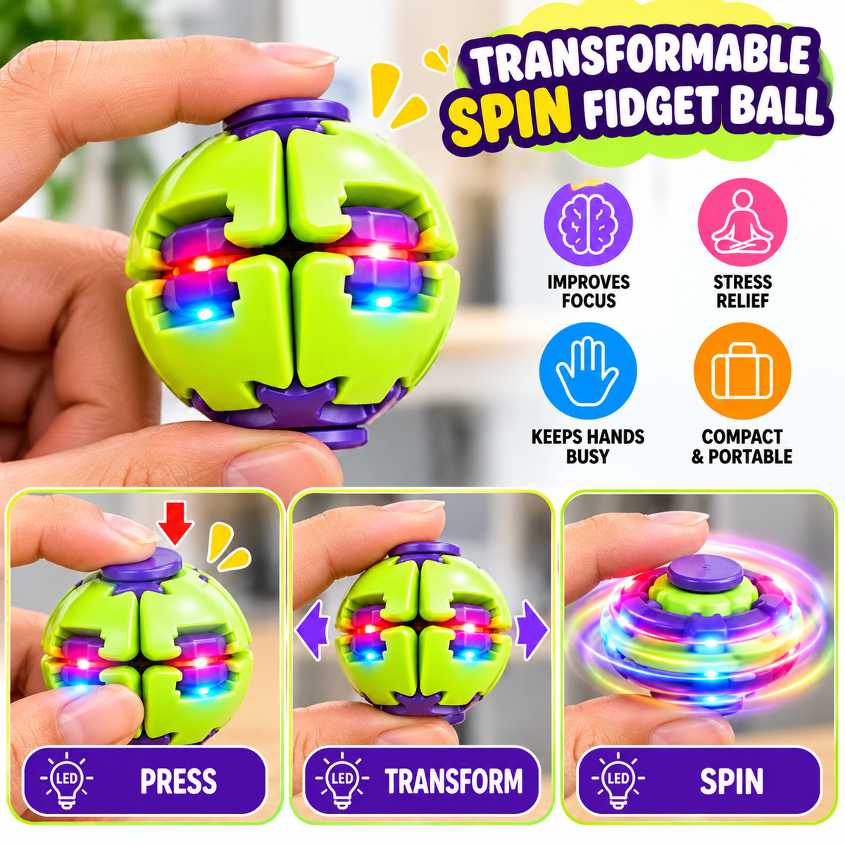 Transformable Fidget Spinner Ball Toy – Press, Transform & Spin Stress Relief