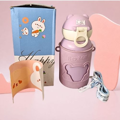 Baby Bear Kids Insulated Water Bottle 500ml | Leak-Proof Straw Sipper with Silicone Cover & Carry Strap