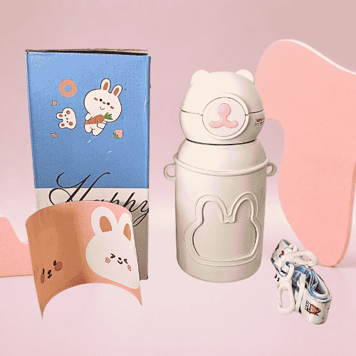 Baby Bear Kids Insulated Water Bottle 500ml | Leak-Proof Straw Sipper with Silicone Cover & Carry Strap