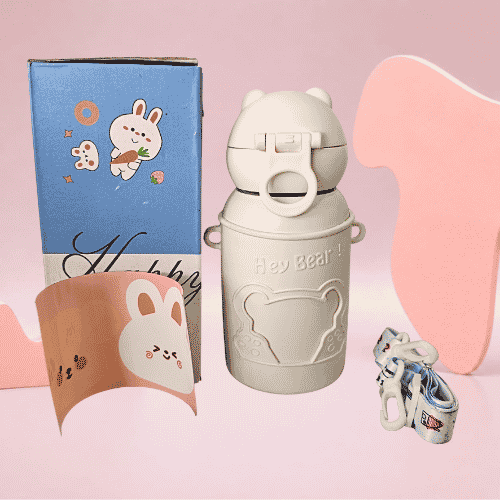 Baby Bear Kids Insulated Water Bottle 500ml | Leak-Proof Straw Sipper with Silicone Cover & Carry Strap