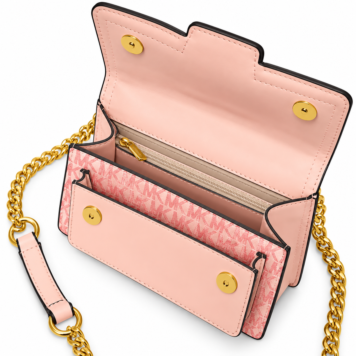 Stylish Pink Monogram Crossbody Sling Bag with Heavy Gold Chain Strap