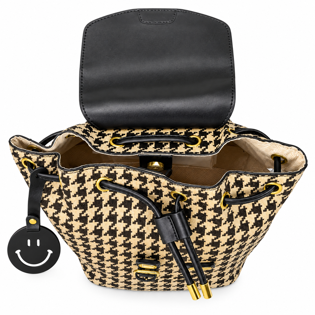 Classic Houndstooth Backpack with Leather Trim & Drawstring Closure