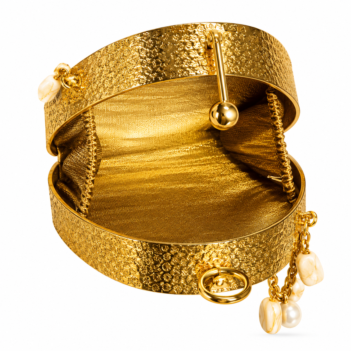 Golden Metal Sling Clutch Bag with Pearl Chain Details