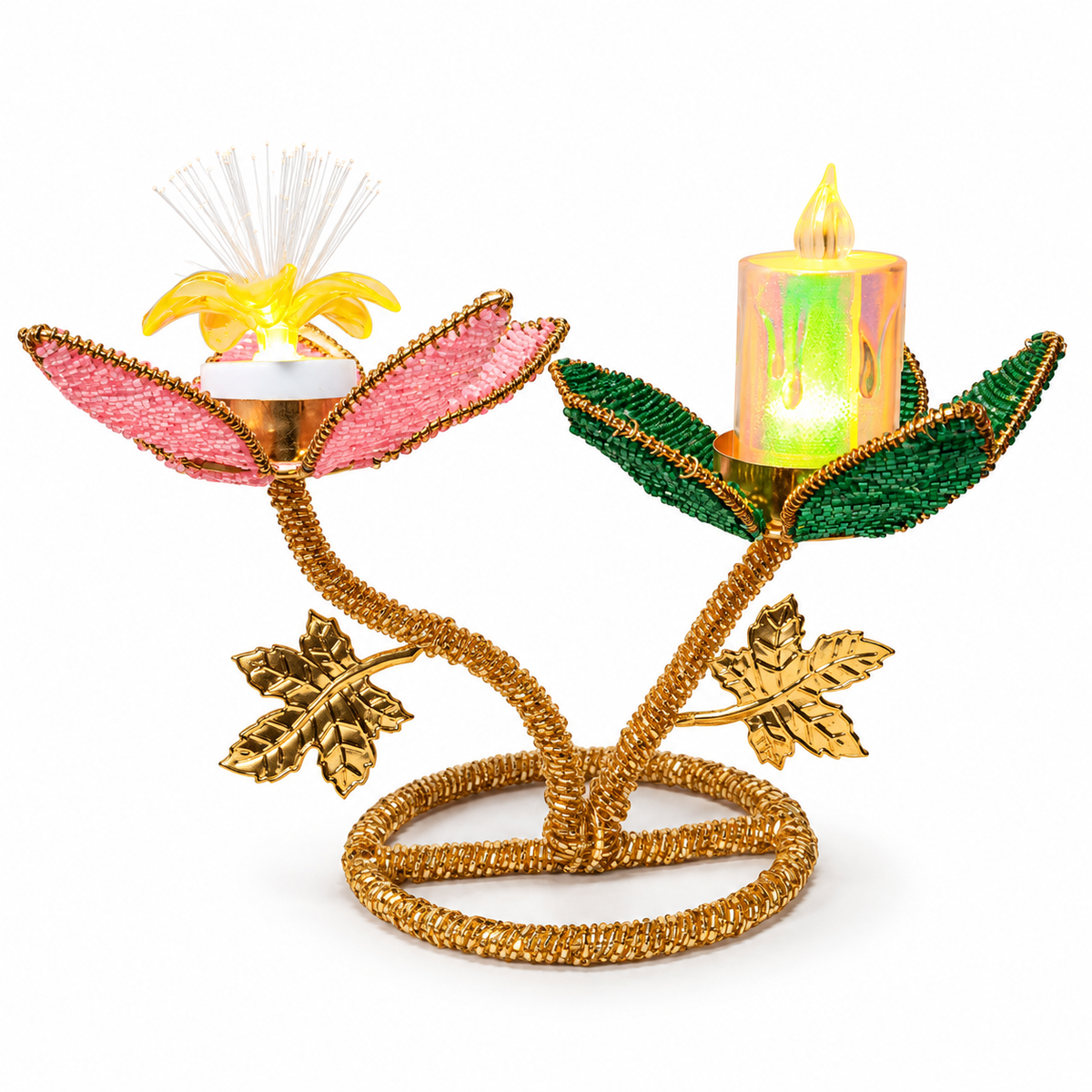 Golden Metal double flower cut dana work diwali tealight holder