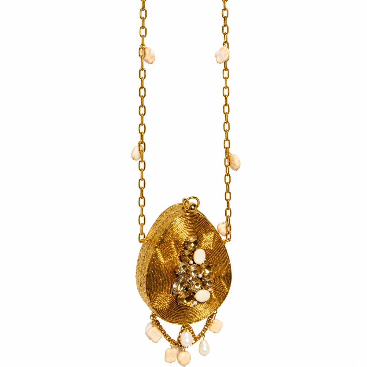Golden Metal Sling Clutch Bag with Pearl Chain Details