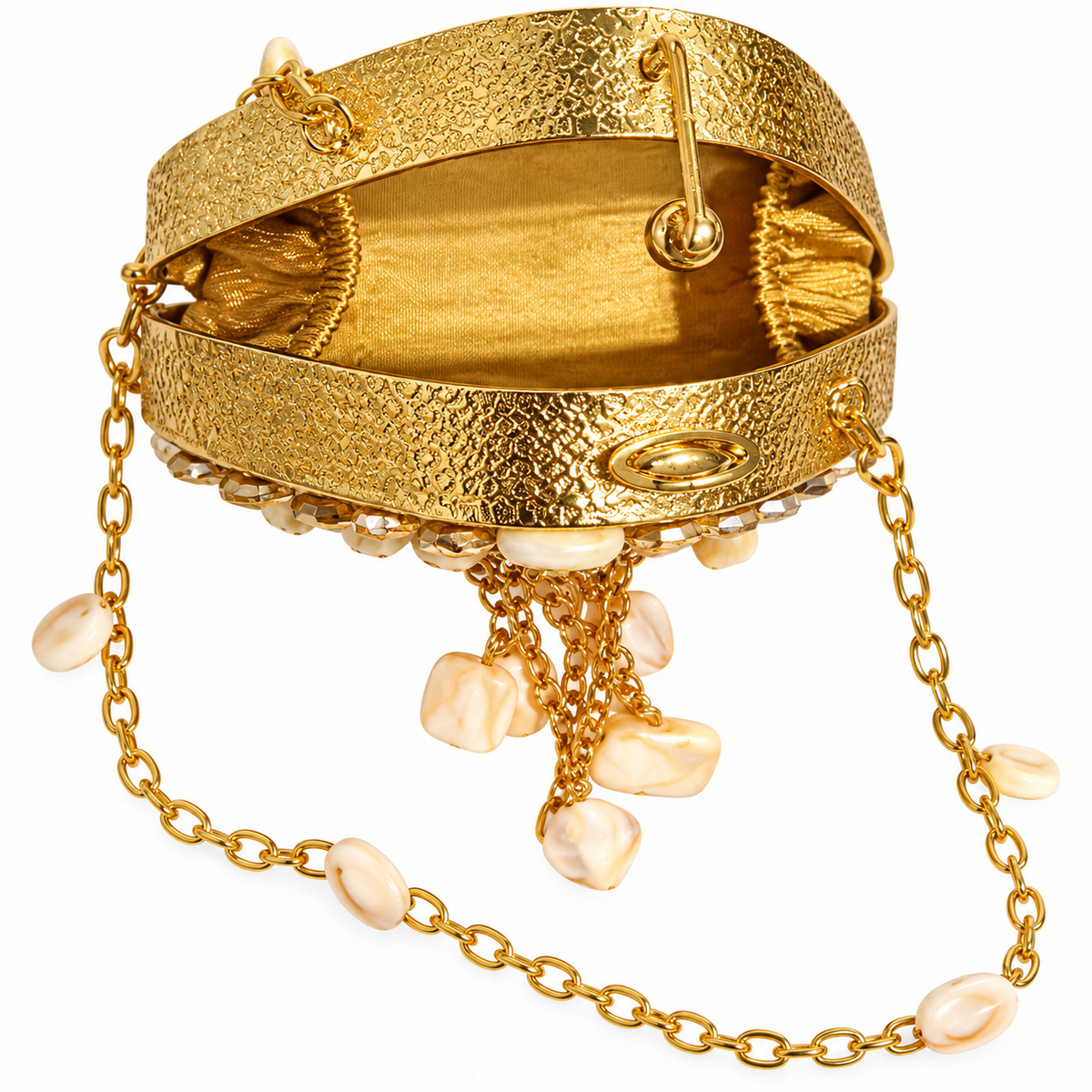 Golden Metal Sling Clutch Bag with Pearl Chain Details