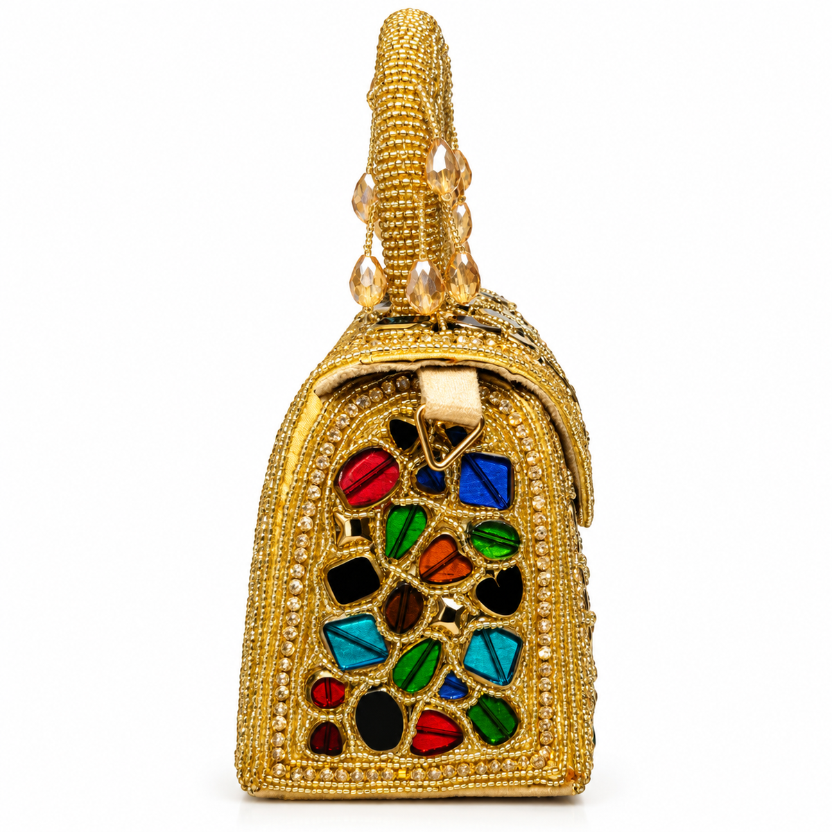 Elegant Gold Beaded Party Handbag with Multicolor Gemstone Embellishment & Detachable Chain