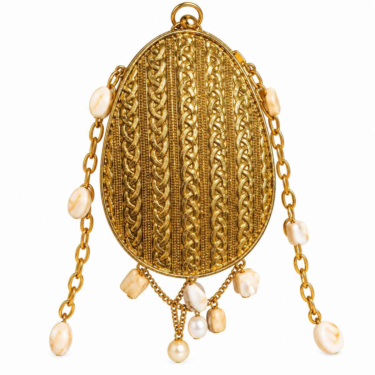 Golden Metal Sling Clutch Bag with Pearl Chain Details
