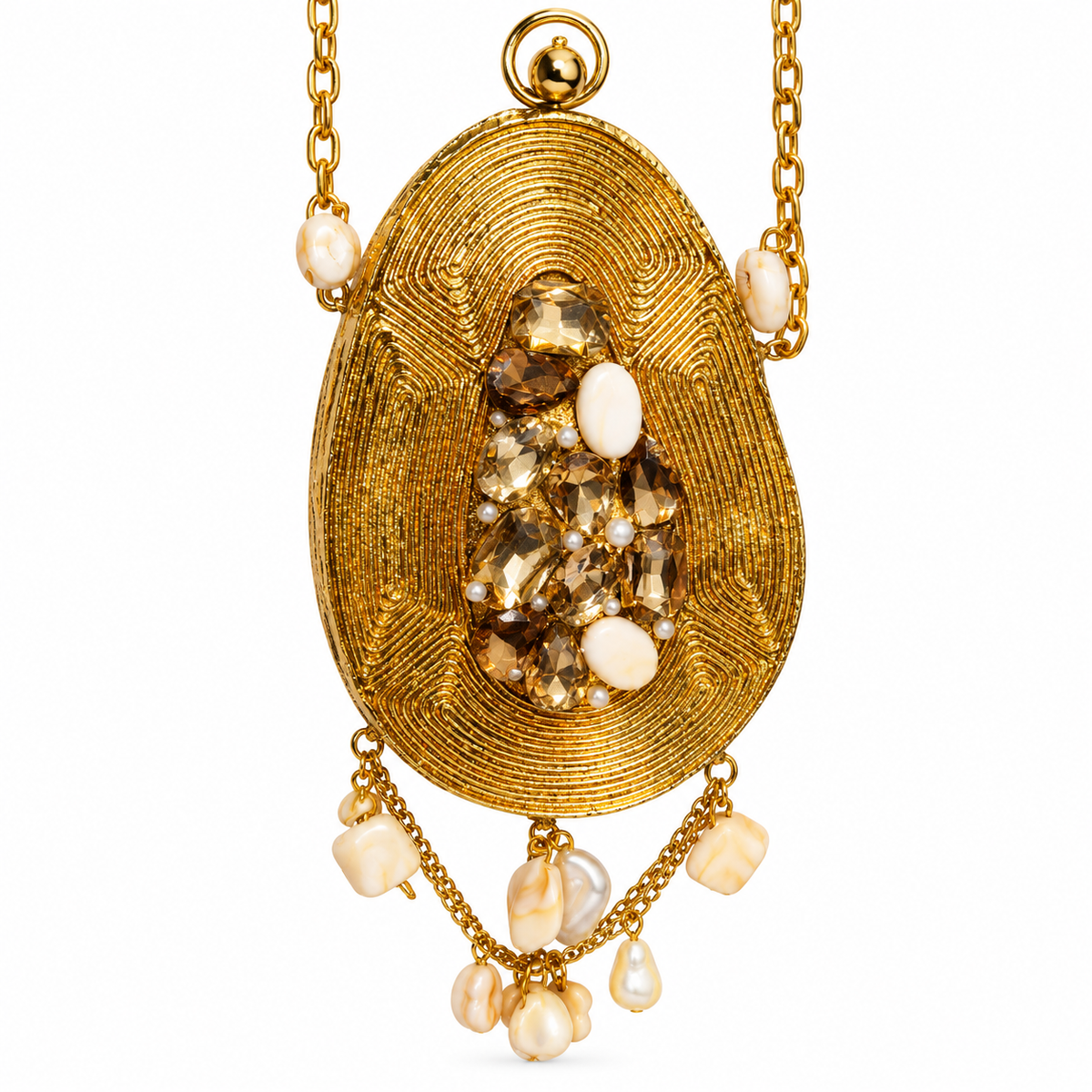 Golden Metal Sling Clutch Bag with Pearl Chain Details