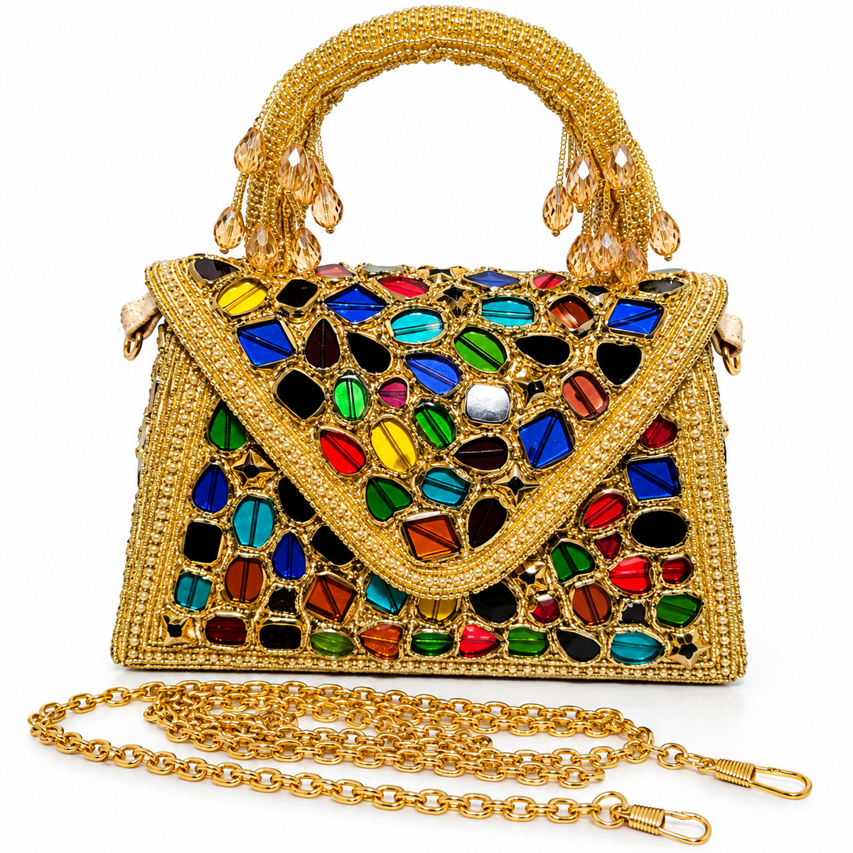 Elegant Gold Beaded Party Handbag with Multicolor Gemstone Embellishment & Detachable Chain