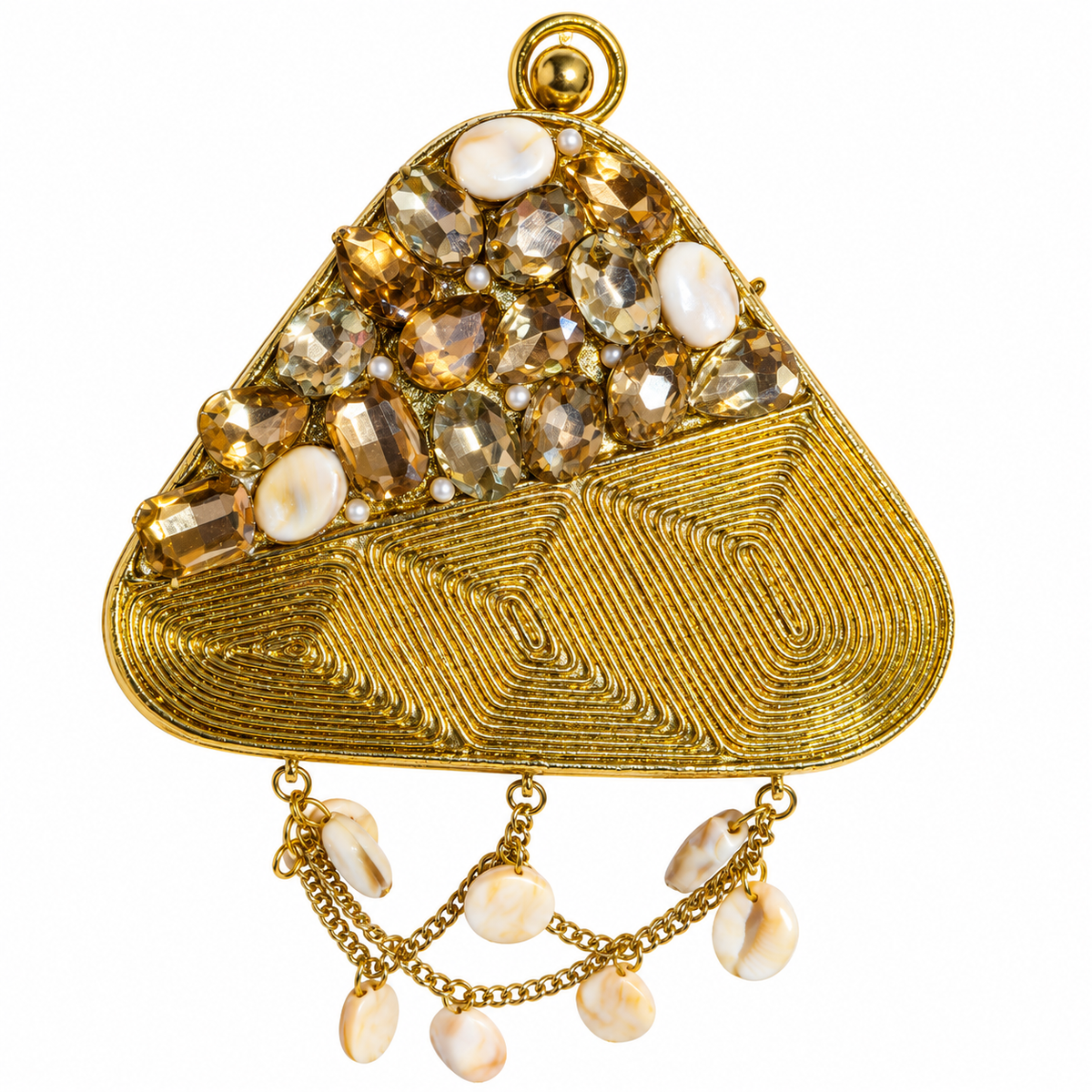 Golden Metal Sling Clutch Bag with Pearl Chain Details