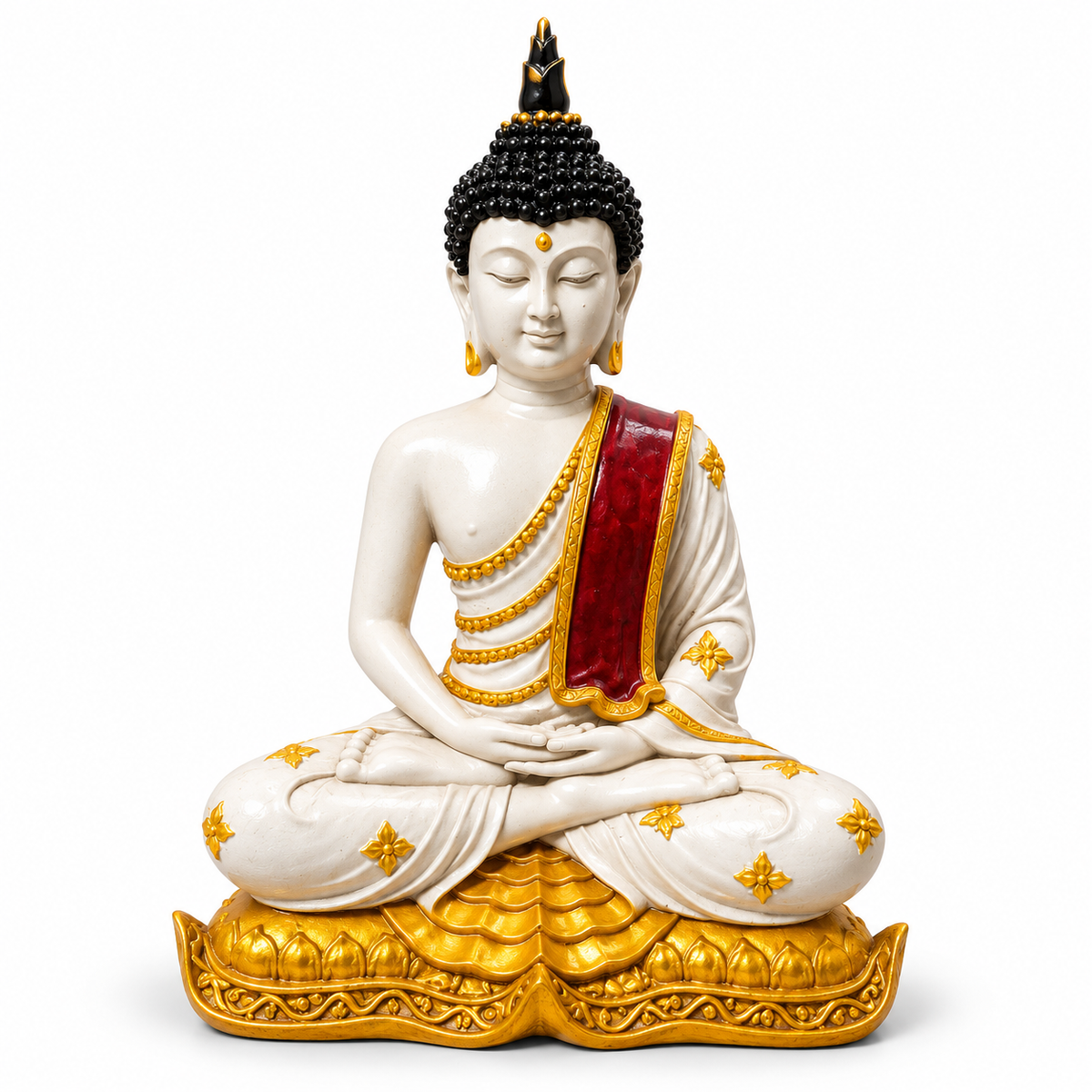 White and gold meditating buddha statue with red robe - luxury artistic home decor showpiece for living room, office, study and tabletop decoration