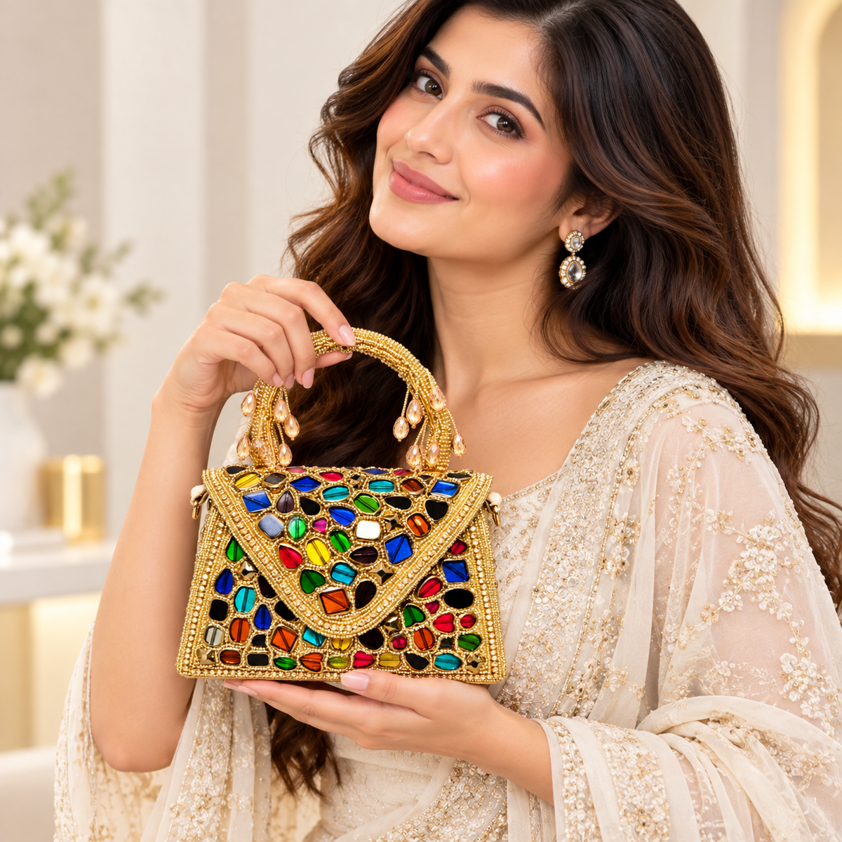 Elegant Gold Beaded Party Handbag with Multicolor Gemstone Embellishment & Detachable Chain