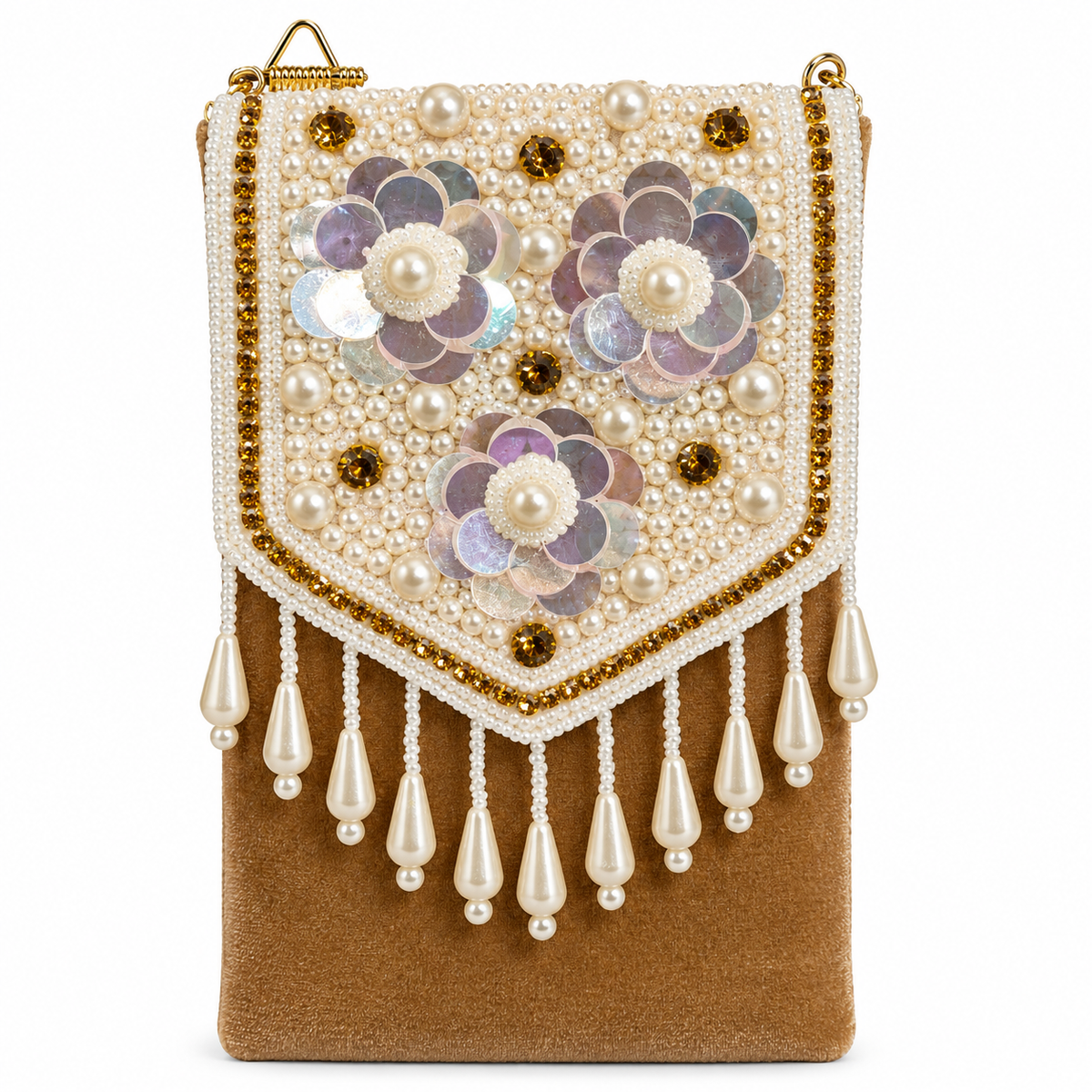 PEARL & SHELL EMBELLISHED PHONE SIZE POUCH BAG