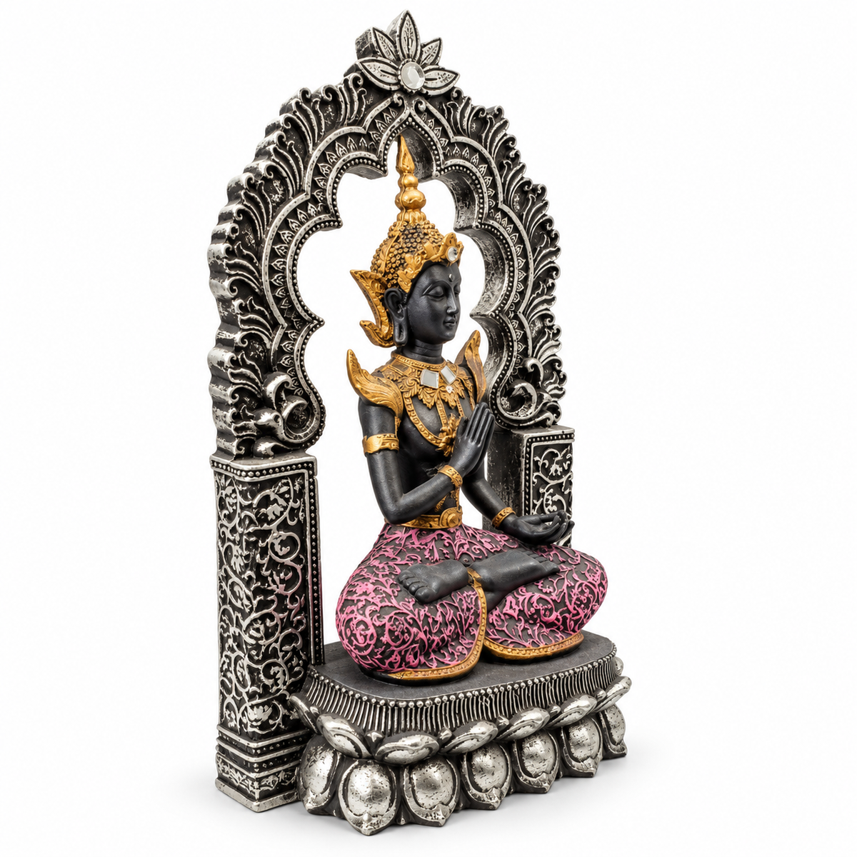 Antique black and gold meditation statue with decorative arch - luxury artistic home decor showpiece for living room, office, study and tabletop decoration