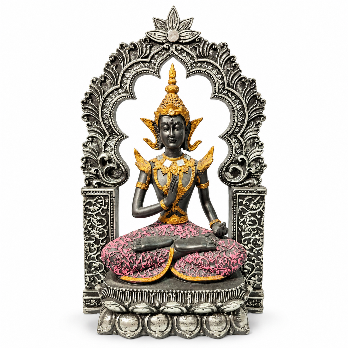 Antique black and gold meditation statue with decorative arch - luxury artistic home decor showpiece for living room, office, study and tabletop decoration