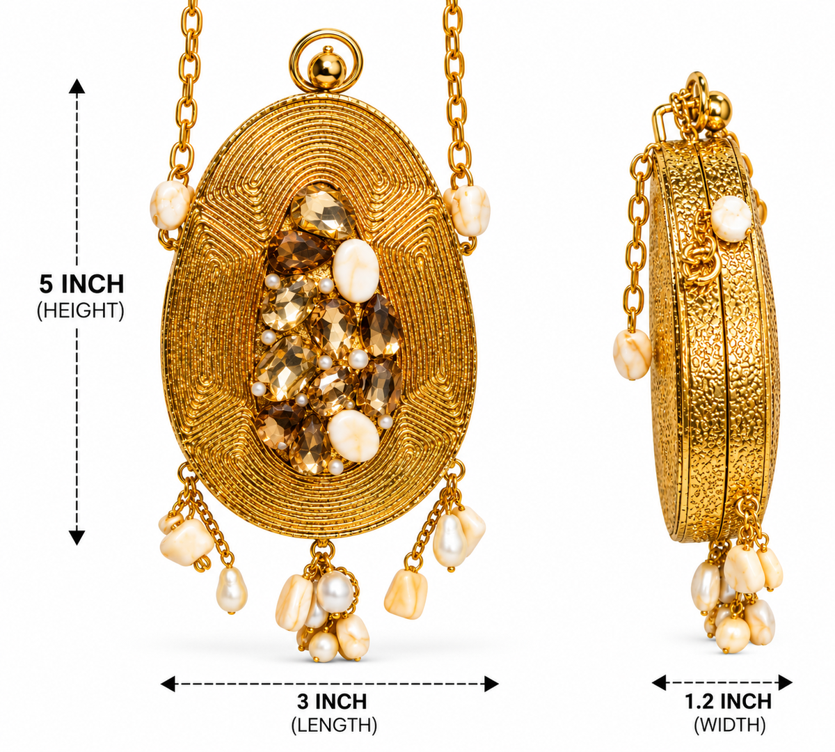 Golden Metal Sling Clutch Bag with Pearl Chain Details