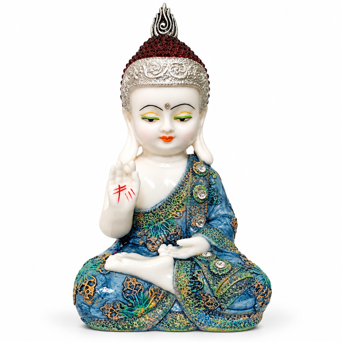 Set of 3 ornate jeweled buddha showpieces - luxury artistic home decor showpiece for living room, office, study and tabletop decoration