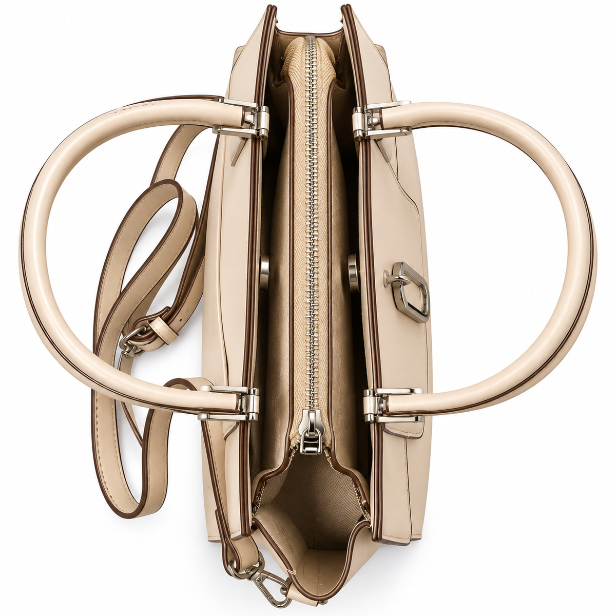 Elegant Cream Structured Handbag for Women – 2 Zip Compartments