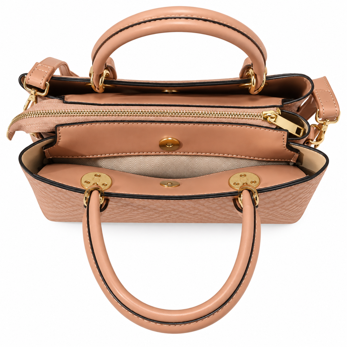 Embossed Nude Textured Handbag with Gold Charm & Detachable Sling Strap